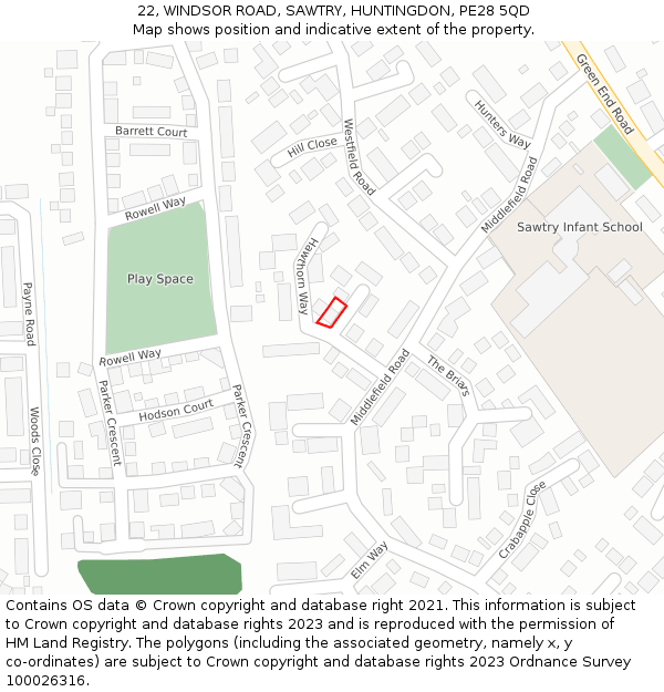 22, WINDSOR ROAD, SAWTRY, HUNTINGDON, PE28 5QD: Location map and indicative extent of plot