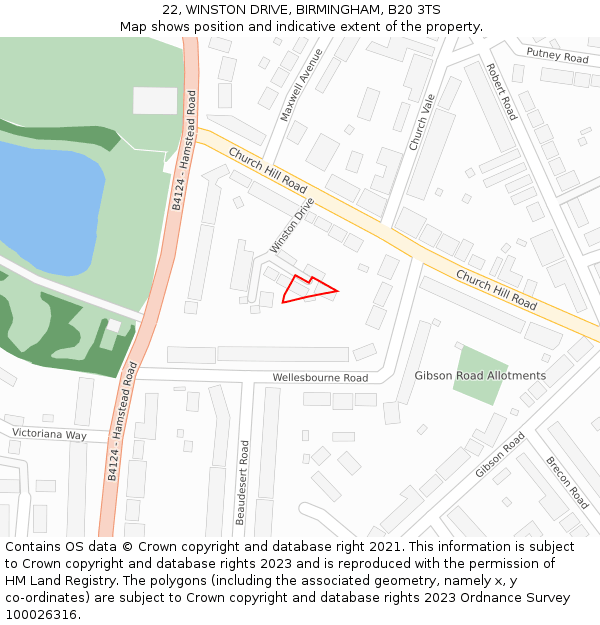 22, WINSTON DRIVE, BIRMINGHAM, B20 3TS: Location map and indicative extent of plot