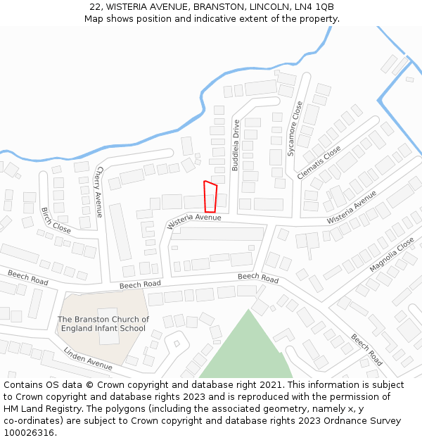 22, WISTERIA AVENUE, BRANSTON, LINCOLN, LN4 1QB: Location map and indicative extent of plot