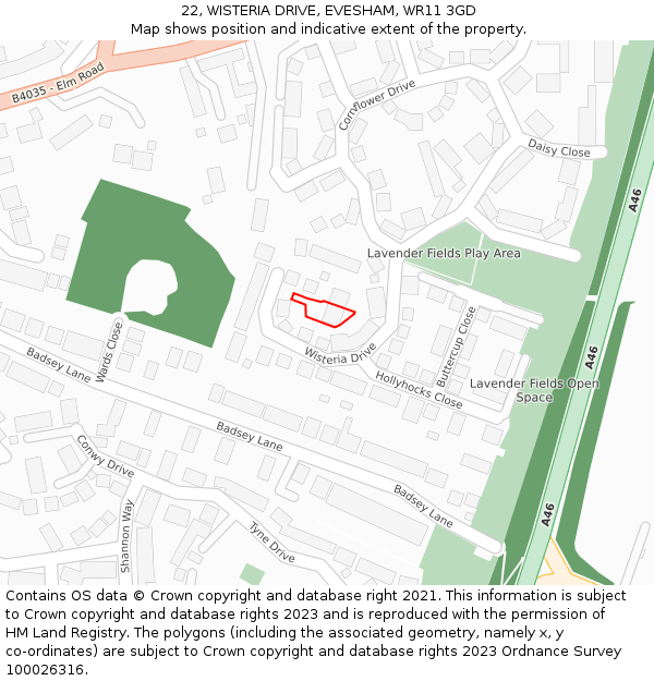 22, WISTERIA DRIVE, EVESHAM, WR11 3GD: Location map and indicative extent of plot