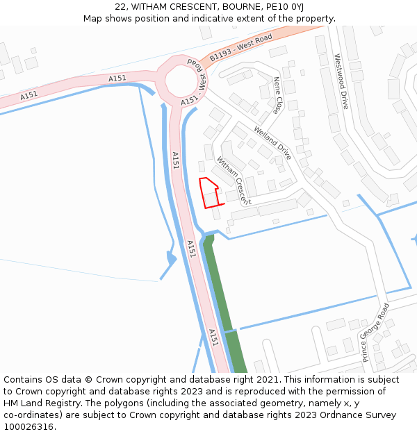 22, WITHAM CRESCENT, BOURNE, PE10 0YJ: Location map and indicative extent of plot