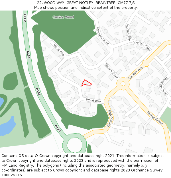 22, WOOD WAY, GREAT NOTLEY, BRAINTREE, CM77 7JS: Location map and indicative extent of plot