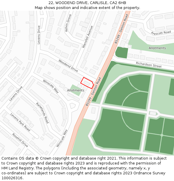 22, WOODEND DRIVE, CARLISLE, CA2 6HB: Location map and indicative extent of plot