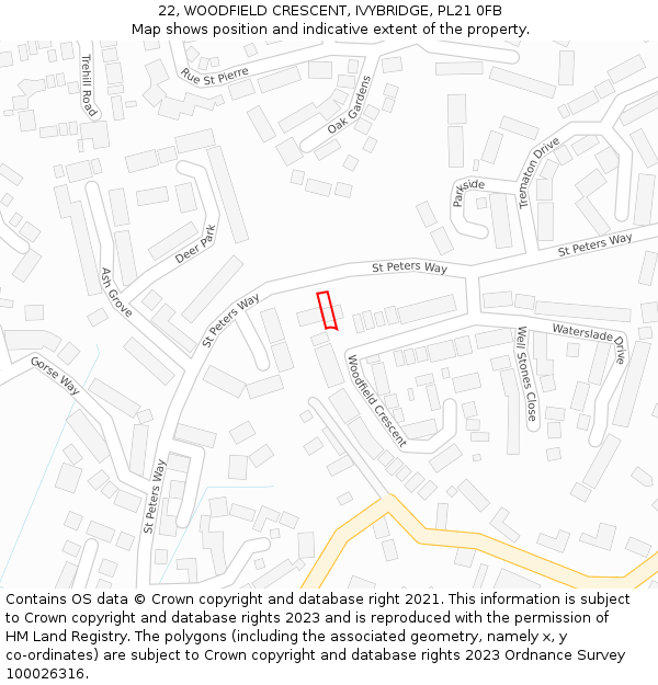 22, WOODFIELD CRESCENT, IVYBRIDGE, PL21 0FB: Location map and indicative extent of plot