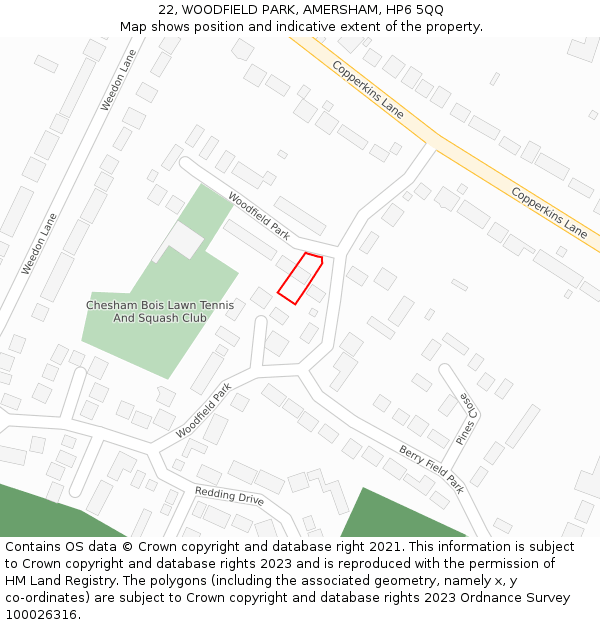 22, WOODFIELD PARK, AMERSHAM, HP6 5QQ: Location map and indicative extent of plot