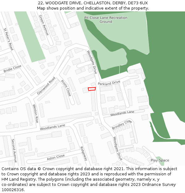 22, WOODGATE DRIVE, CHELLASTON, DERBY, DE73 6UX: Location map and indicative extent of plot
