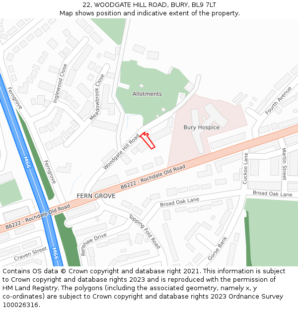 22, WOODGATE HILL ROAD, BURY, BL9 7LT: Location map and indicative extent of plot