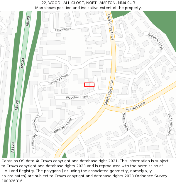 22, WOODHALL CLOSE, NORTHAMPTON, NN4 9UB: Location map and indicative extent of plot