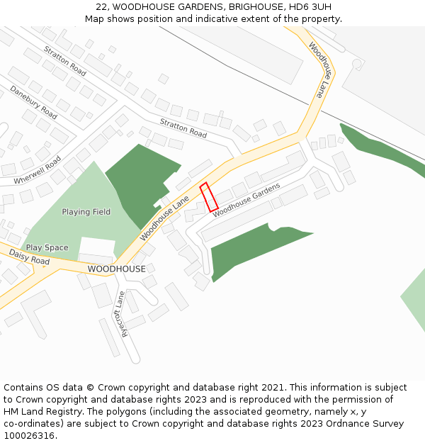 22, WOODHOUSE GARDENS, BRIGHOUSE, HD6 3UH: Location map and indicative extent of plot