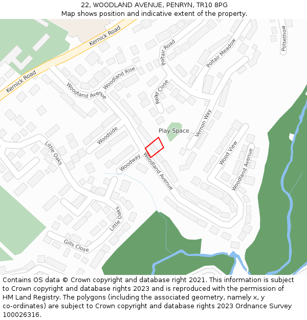 22, WOODLAND AVENUE, PENRYN, TR10 8PG: Location map and indicative extent of plot