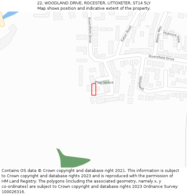 22, WOODLAND DRIVE, ROCESTER, UTTOXETER, ST14 5LY: Location map and indicative extent of plot