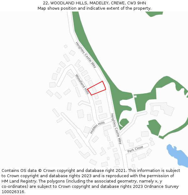 22, WOODLAND HILLS, MADELEY, CREWE, CW3 9HN: Location map and indicative extent of plot