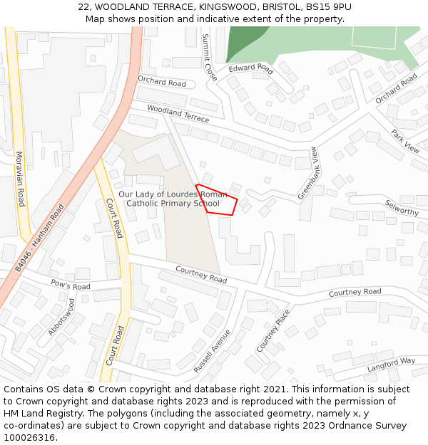 22, WOODLAND TERRACE, KINGSWOOD, BRISTOL, BS15 9PU: Location map and indicative extent of plot