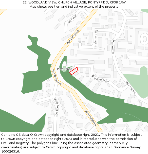 22, WOODLAND VIEW, CHURCH VILLAGE, PONTYPRIDD, CF38 1RW: Location map and indicative extent of plot