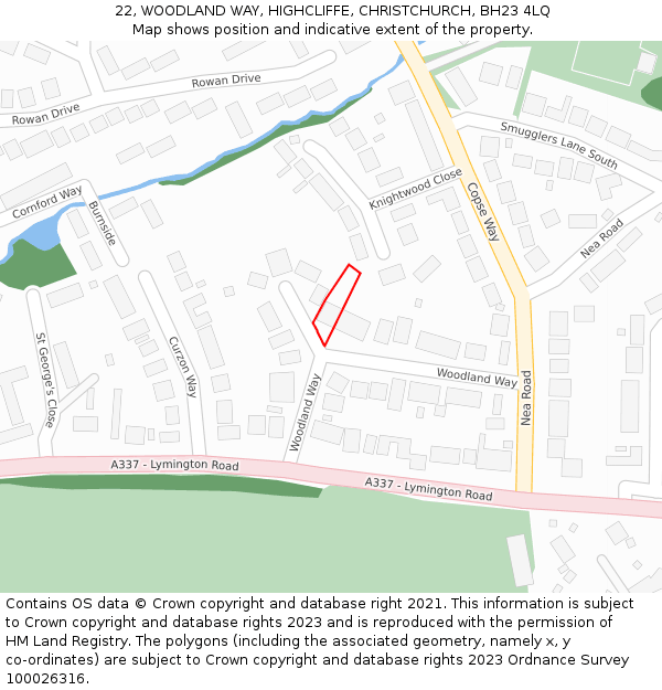 22, WOODLAND WAY, HIGHCLIFFE, CHRISTCHURCH, BH23 4LQ: Location map and indicative extent of plot