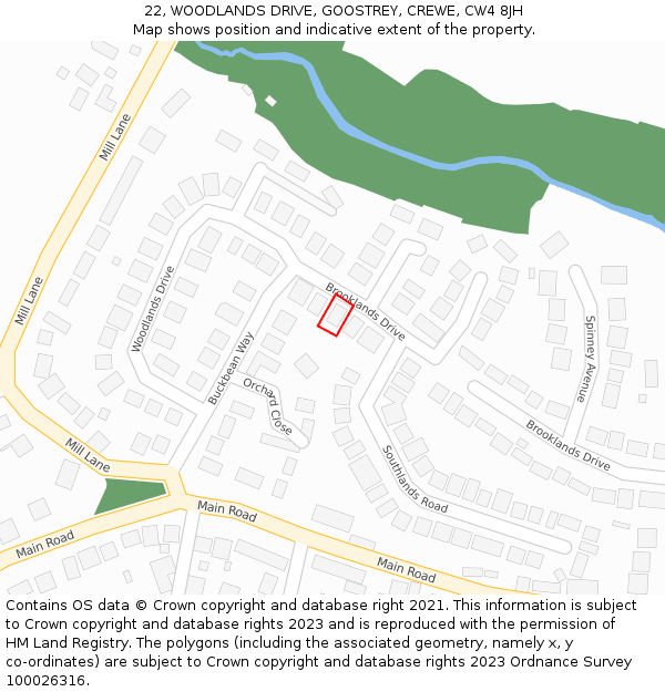 22, WOODLANDS DRIVE, GOOSTREY, CREWE, CW4 8JH: Location map and indicative extent of plot