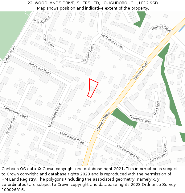 22, WOODLANDS DRIVE, SHEPSHED, LOUGHBOROUGH, LE12 9SD: Location map and indicative extent of plot