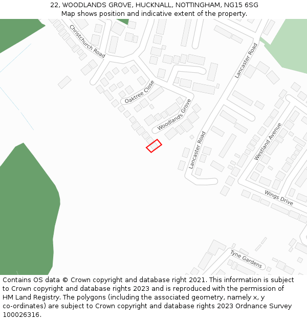 22, WOODLANDS GROVE, HUCKNALL, NOTTINGHAM, NG15 6SG: Location map and indicative extent of plot