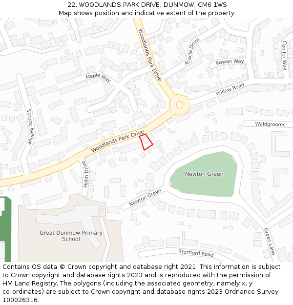 22, WOODLANDS PARK DRIVE, DUNMOW, CM6 1WS: Location map and indicative extent of plot