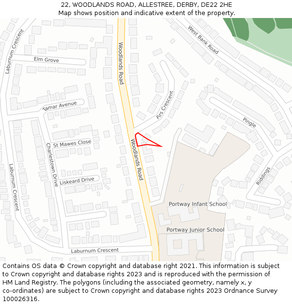 22, WOODLANDS ROAD, ALLESTREE, DERBY, DE22 2HE: Location map and indicative extent of plot