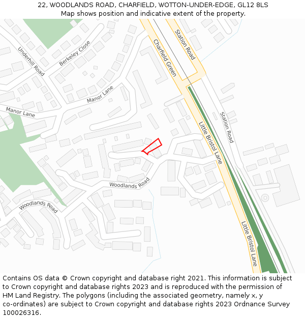 22, WOODLANDS ROAD, CHARFIELD, WOTTON-UNDER-EDGE, GL12 8LS: Location map and indicative extent of plot