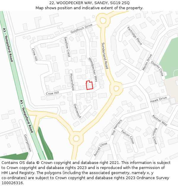 22, WOODPECKER WAY, SANDY, SG19 2SQ: Location map and indicative extent of plot