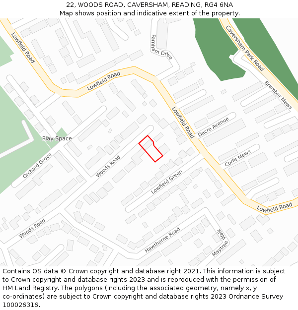 22, WOODS ROAD, CAVERSHAM, READING, RG4 6NA: Location map and indicative extent of plot