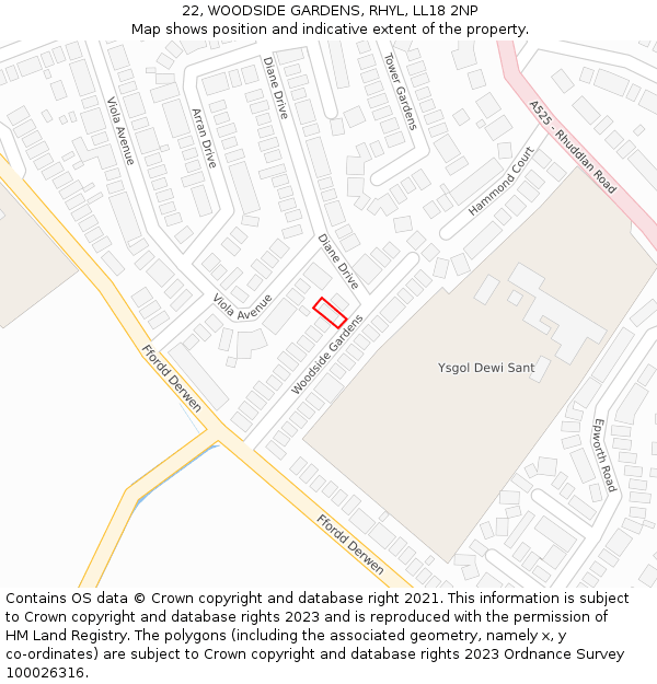 22, WOODSIDE GARDENS, RHYL, LL18 2NP: Location map and indicative extent of plot