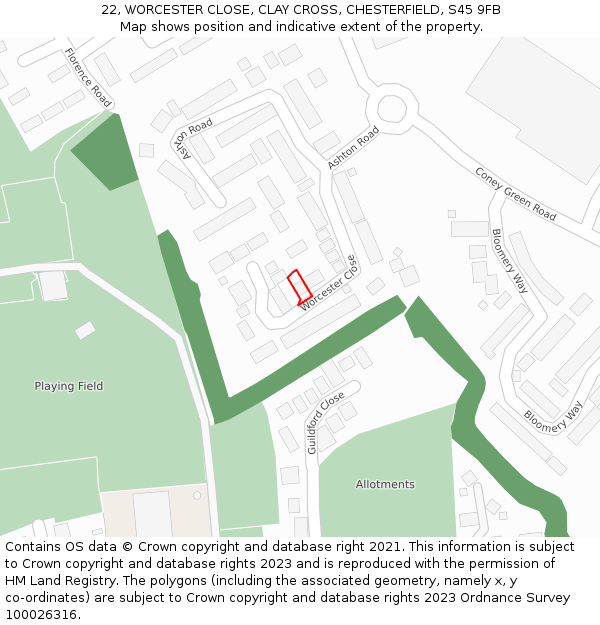 22, WORCESTER CLOSE, CLAY CROSS, CHESTERFIELD, S45 9FB: Location map and indicative extent of plot