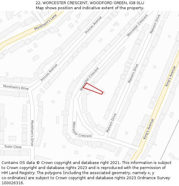 22, WORCESTER CRESCENT, WOODFORD GREEN, IG8 0LU: Location map and indicative extent of plot