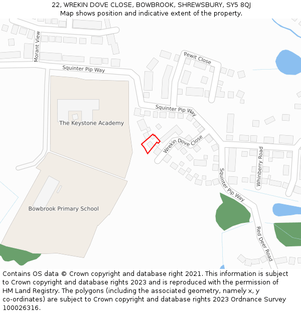 22, WREKIN DOVE CLOSE, BOWBROOK, SHREWSBURY, SY5 8QJ: Location map and indicative extent of plot
