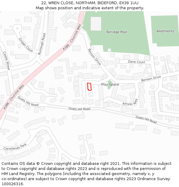 22, WREN CLOSE, NORTHAM, BIDEFORD, EX39 1UU: Location map and indicative extent of plot
