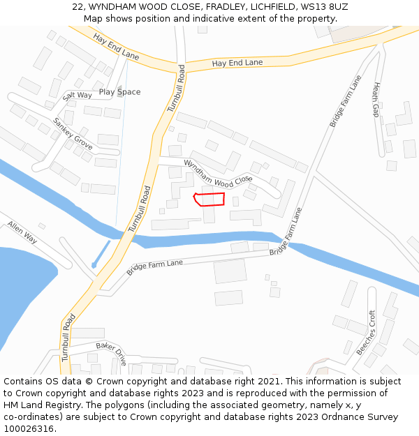 22, WYNDHAM WOOD CLOSE, FRADLEY, LICHFIELD, WS13 8UZ: Location map and indicative extent of plot