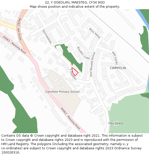 22, Y GOEDLAN, MAESTEG, CF34 9GD: Location map and indicative extent of plot