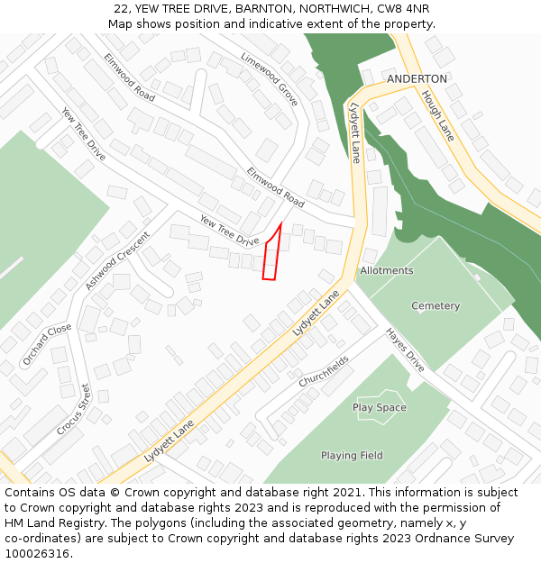 22, YEW TREE DRIVE, BARNTON, NORTHWICH, CW8 4NR: Location map and indicative extent of plot