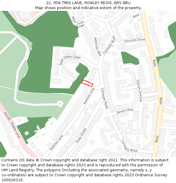 22, YEW TREE LANE, ROWLEY REGIS, B65 8BU: Location map and indicative extent of plot