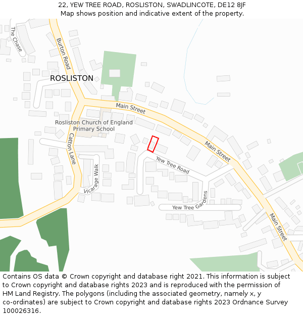 22, YEW TREE ROAD, ROSLISTON, SWADLINCOTE, DE12 8JF: Location map and indicative extent of plot