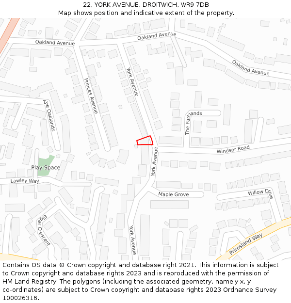 22, YORK AVENUE, DROITWICH, WR9 7DB: Location map and indicative extent of plot