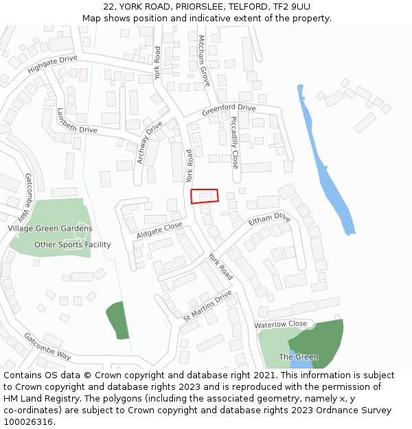 22, YORK ROAD, PRIORSLEE, TELFORD, TF2 9UU: Location map and indicative extent of plot