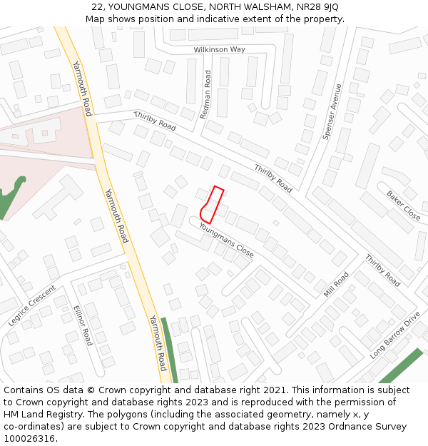 22, YOUNGMANS CLOSE, NORTH WALSHAM, NR28 9JQ: Location map and indicative extent of plot