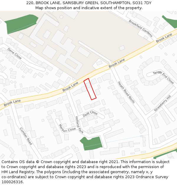 220, BROOK LANE, SARISBURY GREEN, SOUTHAMPTON, SO31 7DY: Location map and indicative extent of plot