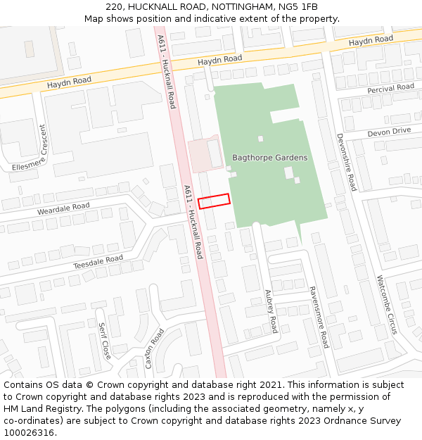 220, HUCKNALL ROAD, NOTTINGHAM, NG5 1FB: Location map and indicative extent of plot