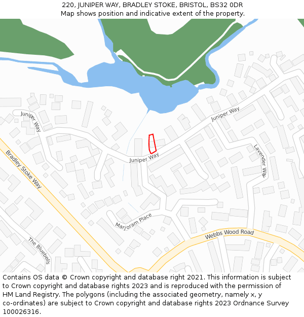 220, JUNIPER WAY, BRADLEY STOKE, BRISTOL, BS32 0DR: Location map and indicative extent of plot