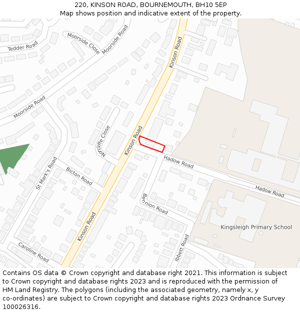 220, KINSON ROAD, BOURNEMOUTH, BH10 5EP: Location map and indicative extent of plot