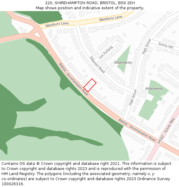 220, SHIREHAMPTON ROAD, BRISTOL, BS9 2EH: Location map and indicative extent of plot