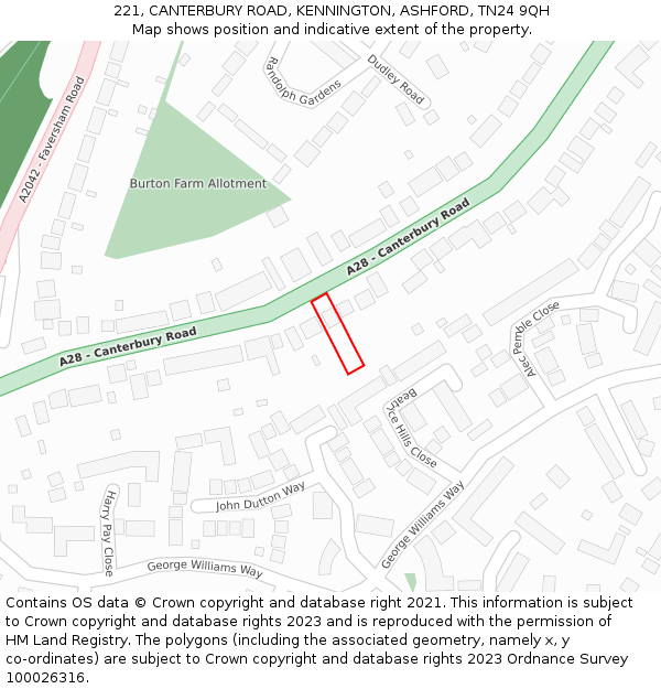 221, CANTERBURY ROAD, KENNINGTON, ASHFORD, TN24 9QH: Location map and indicative extent of plot