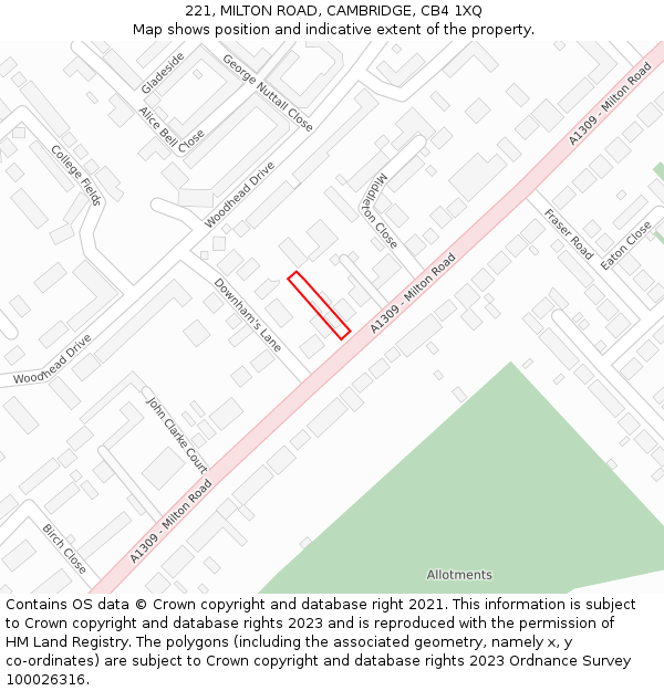 221, MILTON ROAD, CAMBRIDGE, CB4 1XQ: Location map and indicative extent of plot