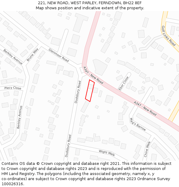 221, NEW ROAD, WEST PARLEY, FERNDOWN, BH22 8EF: Location map and indicative extent of plot