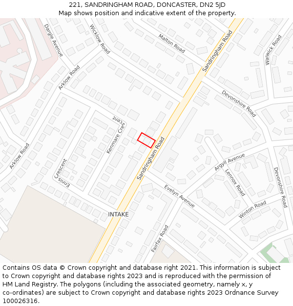 221, SANDRINGHAM ROAD, DONCASTER, DN2 5JD: Location map and indicative extent of plot