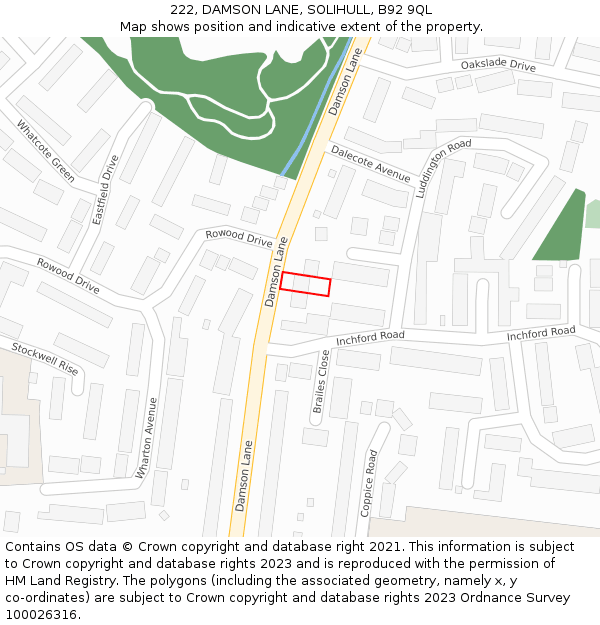 222, DAMSON LANE, SOLIHULL, B92 9QL: Location map and indicative extent of plot